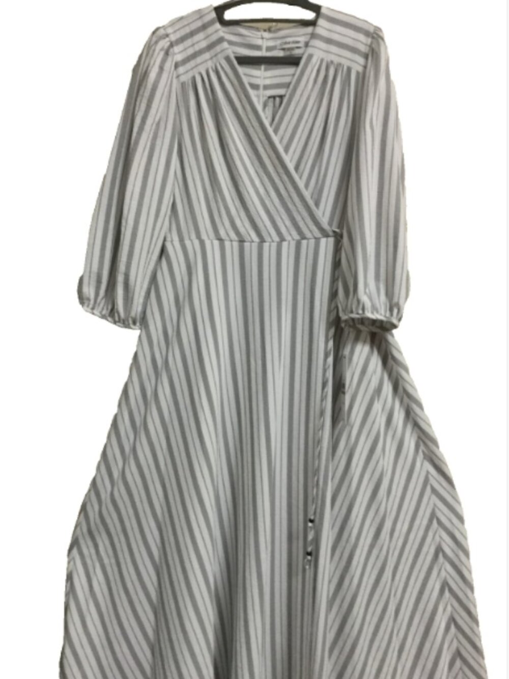 Calvin Klein Women Size 12 Gray White striped Midi Dress Faux Wrap Tie Waist NWT